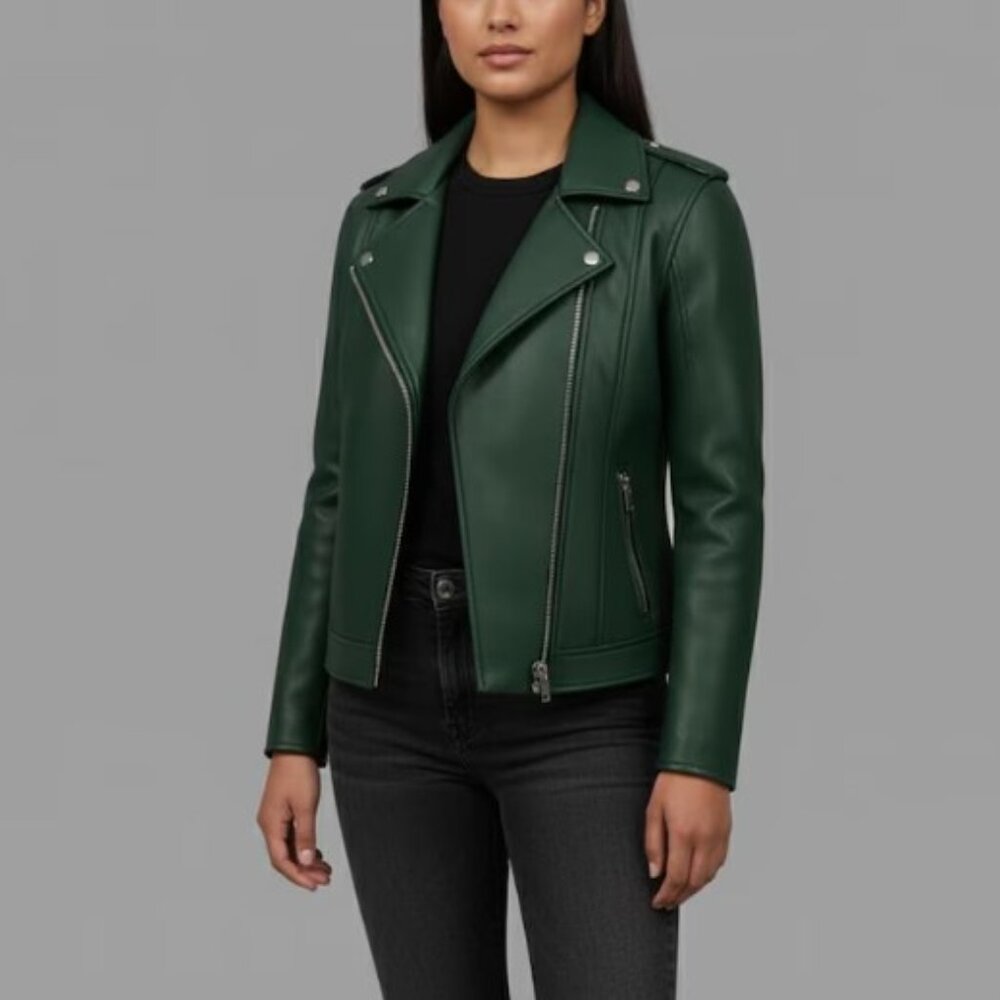 Sara Leather “Experience the Fashion” 100% Genuine Lambskin Green Moto Jacket XS - Picture 15 of 15